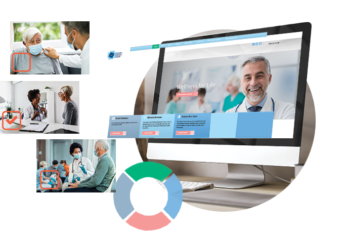 A collage of images around a computer displaying website design for doctors