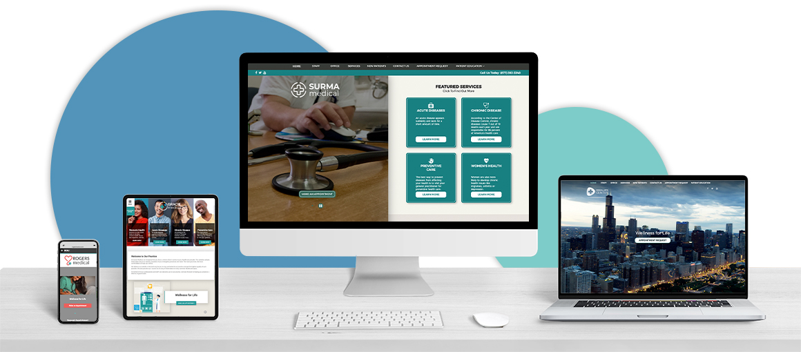 A website design for doctors displayed on four devices against teal circles