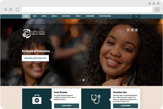 A website design for doctors featuring a smiling woman and navigation menu.