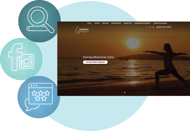 Ob Gyn Website Design with yoga at sunset and icons representing search, social media, and reviews.