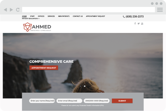 Ob Gyn Website Design from Ahmed Obstetrics & Gynecology with navigation bar and scenic coastline image.