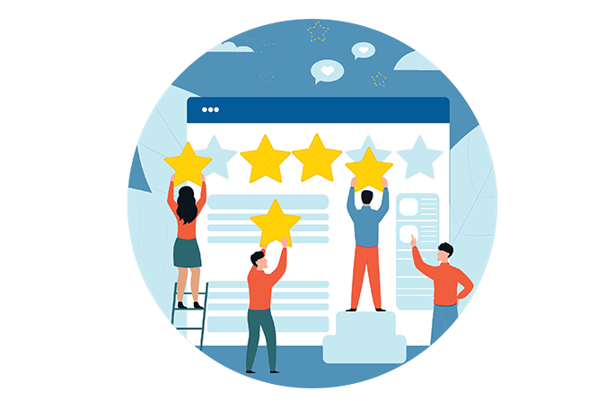 Four people arranging large yellow stars on a web browser-like display for reputation management for doctors