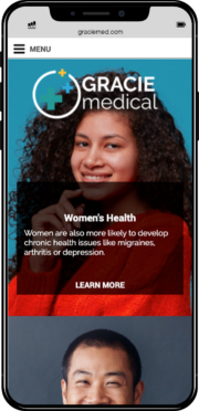 Smartphone screen showing Gracie Medical website design for doctors