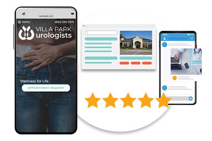 Mockup of Villa Park Urologists website displayed on multiple devices with a five-star rating, showcasing urology marketing.