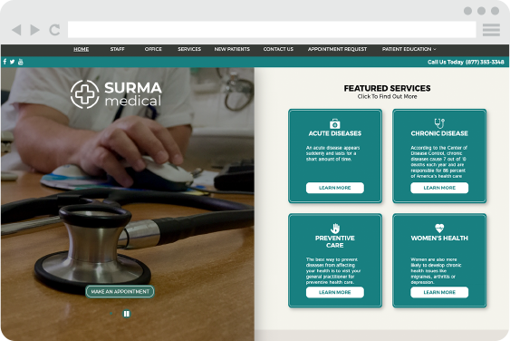 A website design for doctors with a stethoscope and featured services list.