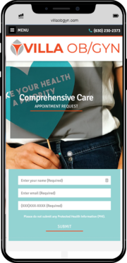 Smartphone screen showing Villa OB GYN website design with a consultation form.