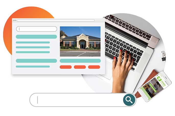A person typing on a laptop beside a smartphone, with an overlay image of a web page and a search bar for SEO urology marketing
