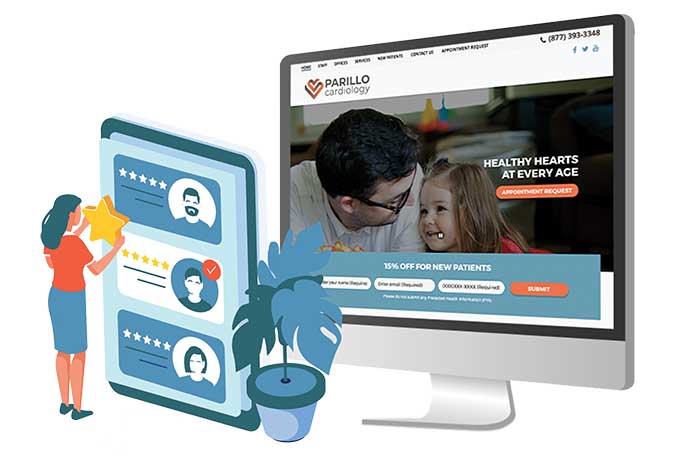 A woman rating profiles on a smartphone beside a cardiology webpage illustrating reputation management for doctors