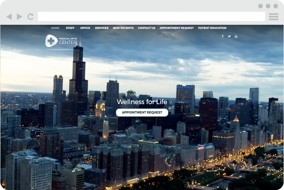 Cityscape website design for doctors with a navigation bar.