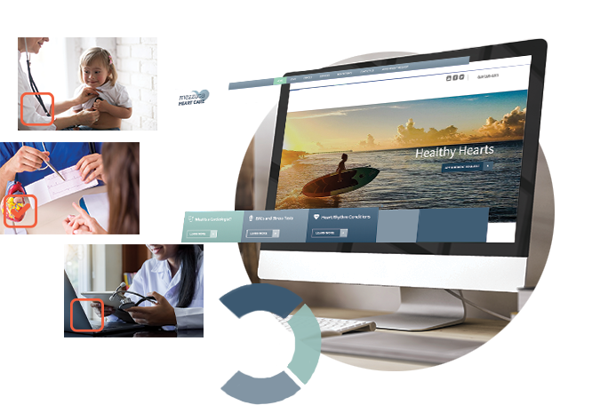 Computer displaying cardiology ‎website and three images of healthcare scenarios.