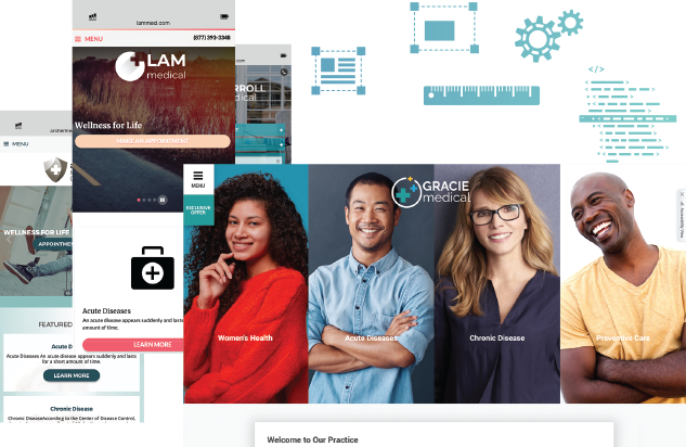 A medical website design collage featuring categories and individuals representing different health services.
