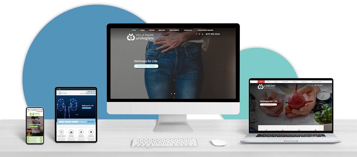 Various electronic devices on a desk displaying urology website design