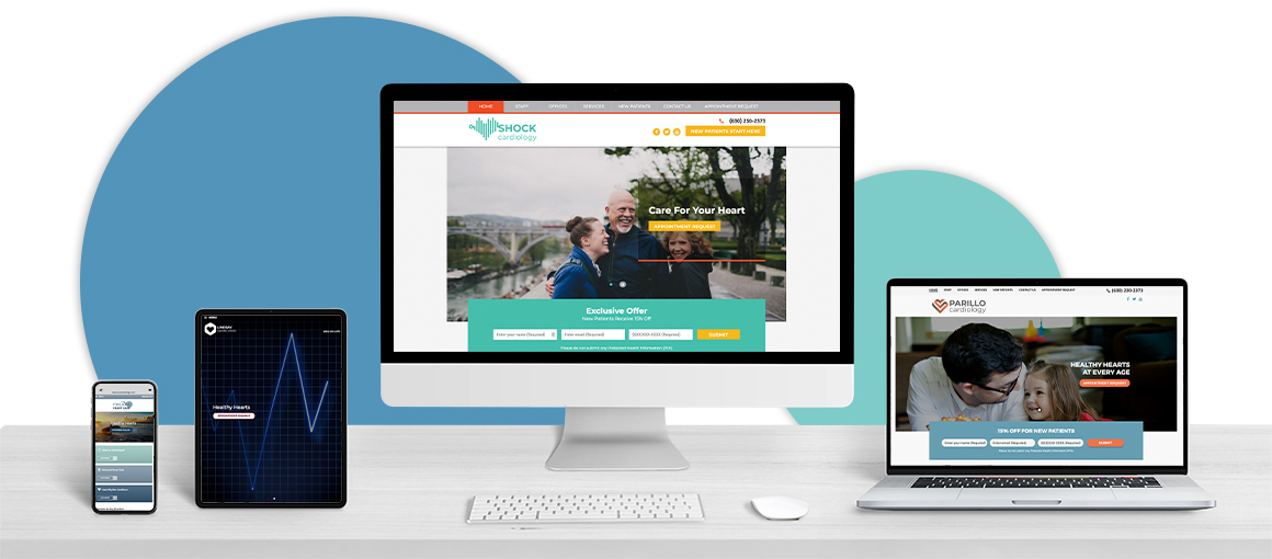 Responsive cardiology ‎website design displayed on a smartphone, tablet, desktop monitor, and laptop.