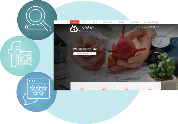 Lindsay Urologists urology website design showing a medical model and navigation icons.