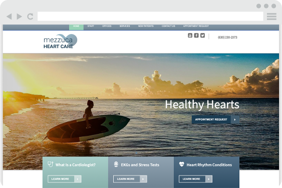 A cardiology ‎website design featuring a surfer at sunset