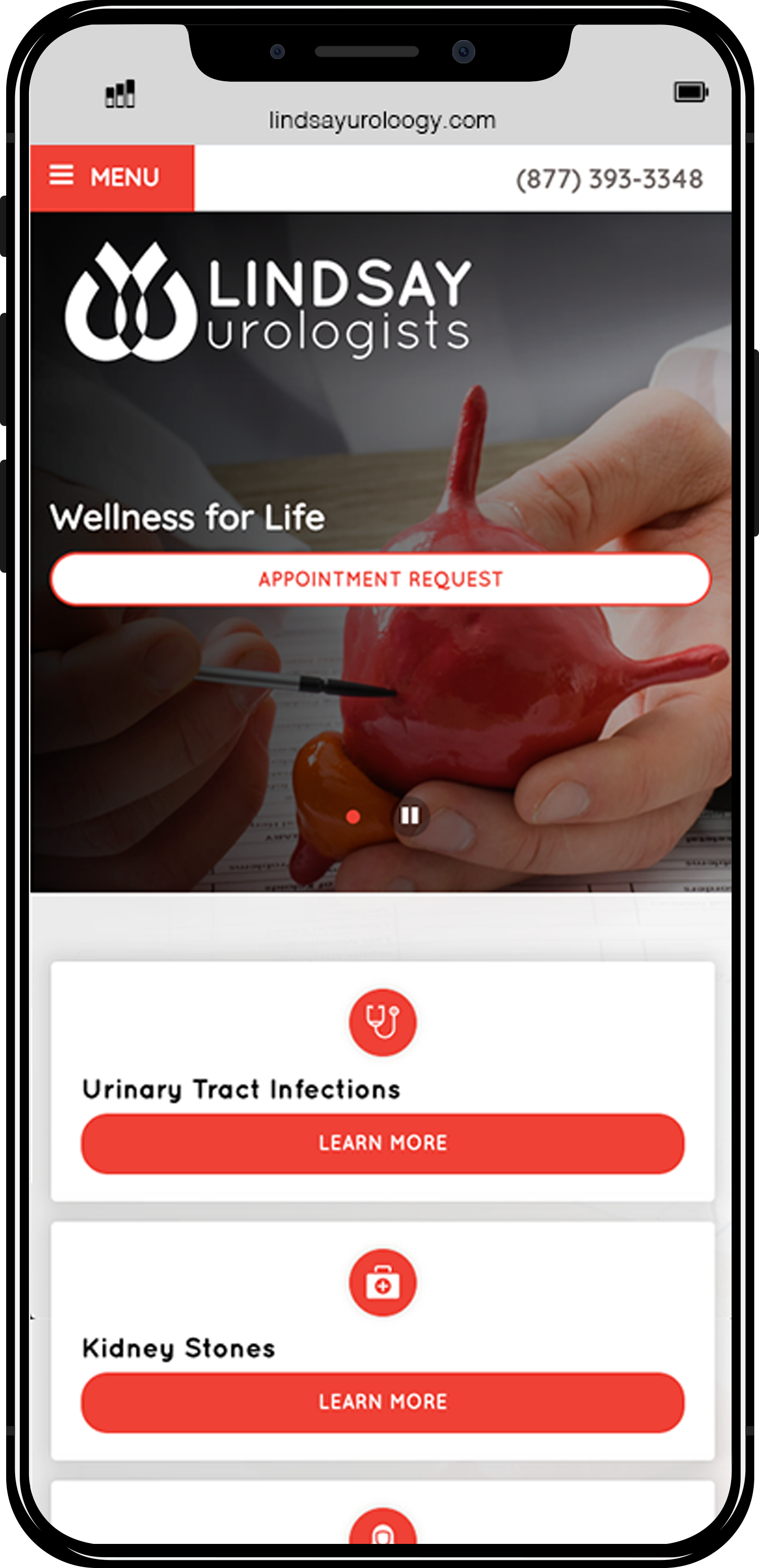 Smartphone displaying urology website design for Lindsay Urologists