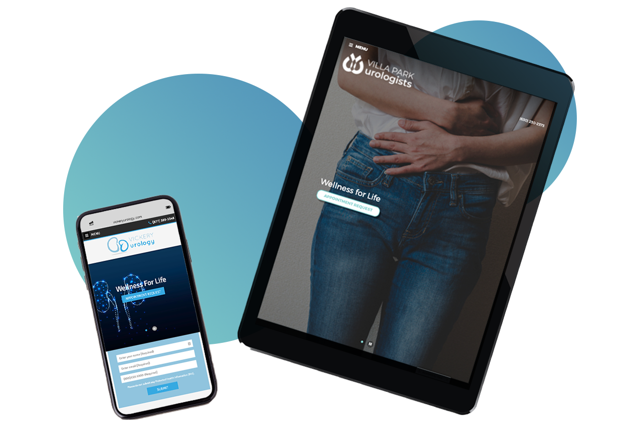 A smartphone and tablet displaying urology website design on a blue background