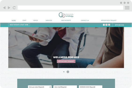 A urology website design with navigation bar, a banner image, and a form.