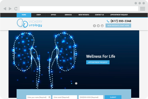 Vickery urology website design featuring a kidney graphic and contact information.