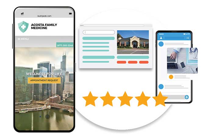A website and mobile app featuring healthcare content and a five-star rating, representing successful medical marketing for doctors.