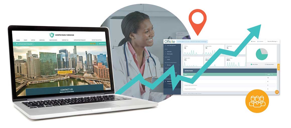 A laptop with a medical site, doctor image, and performance metrics, showcasing data-driven medical marketing for doctors.