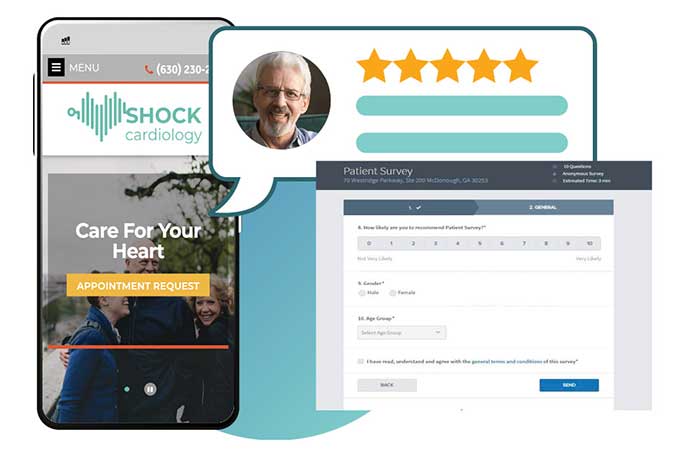 A cardiology webpage displaying a 5-star rating and a patient survey form, highlighting the importance of cardiology marketing.