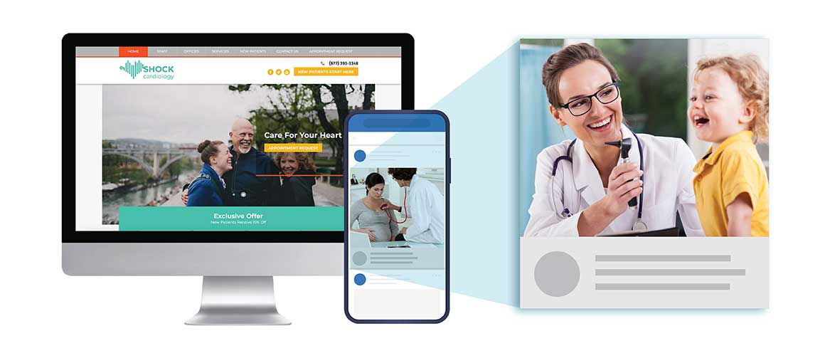 A monitor, smartphone, and image of a doctor with a child representing Facebook ‎ads for medical practices.