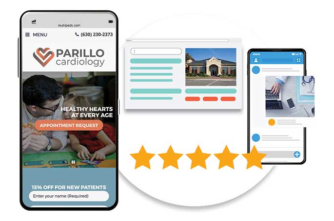Digital mockups of a highly rated cardiology site, emphasizing the power of cardiology marketing to attract patients.
