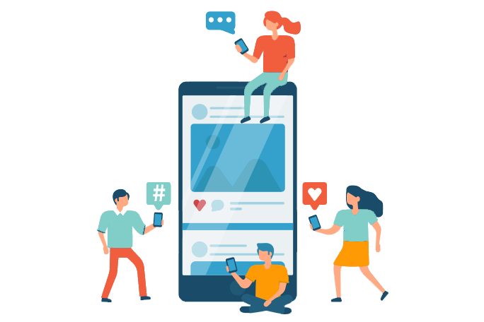 Illustration of four people interacting with a large smartphone, representing engagement driven by Facebook ‎ads for medical practices