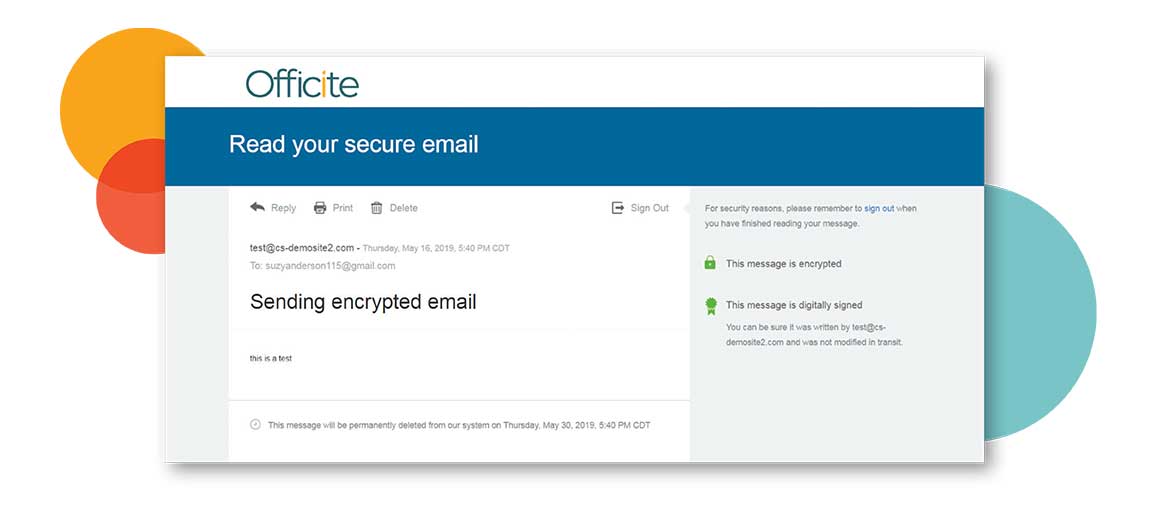 A HIPAA compliant email from Officite with encryption and digital signature details.