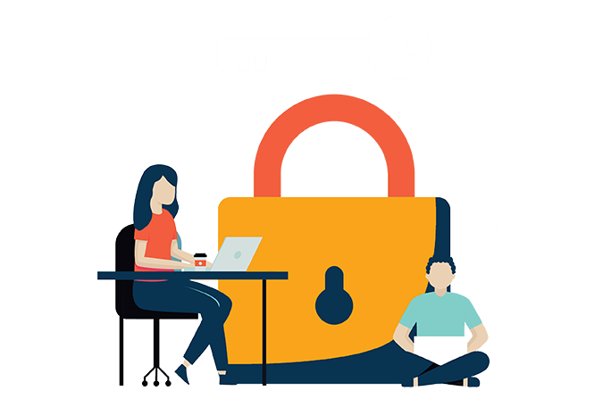 Two people working on devices in front of a large padlock symbol representing the security of HIPAA compliant email.