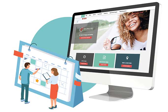 A computer displaying healthcare scheduling software systems and two people interacting with a calendar