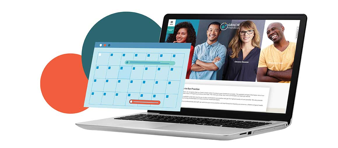 A website with diverse individuals and overlaid calendar for healthcare scheduling software systems
