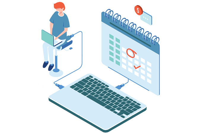Illustration of a person using a laptop near a spiral-bound calendar symbolizing healthcare scheduling software systems